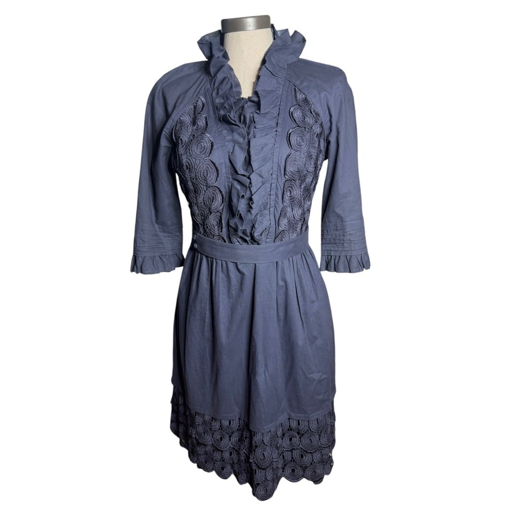 Vivienne Tam Navy Blue Cotton Ruffle Eyelet Lace Dress Size 6 Rosette Pintuck